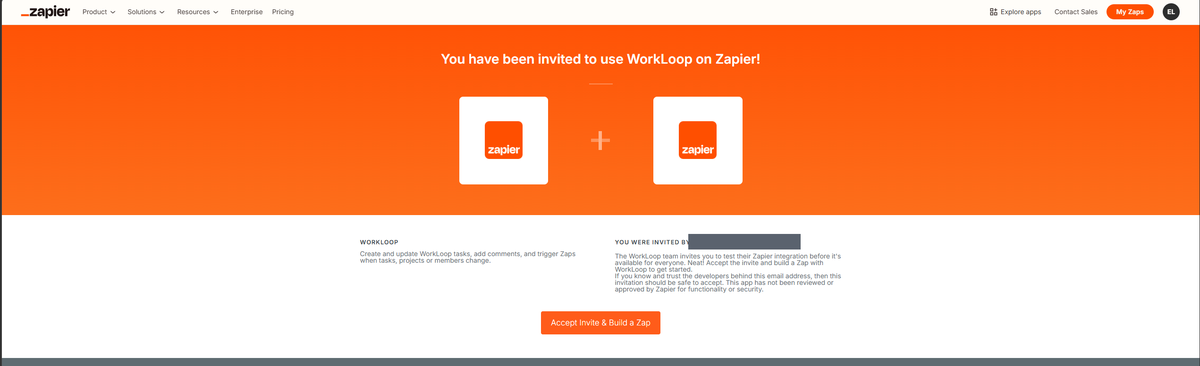 Zapier invite page saying You have been invited to use WorkLoop on Zapier, with an Accept Invite and Build a Zap button