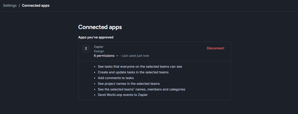 Settings, Connected apps, showing Zapier with 6 permissions and a Disconnect button