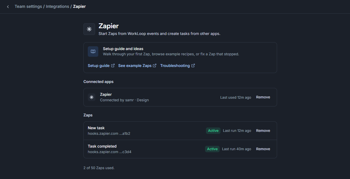 The Zapier page in Team settings, showing Connected apps with a Remove button and a list of active Zaps